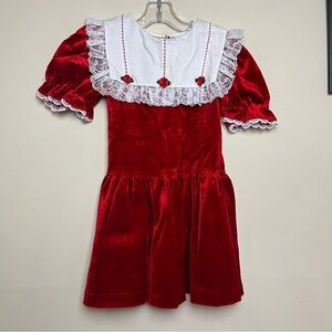 Vintage Picture Perfect Girls Velvet Velour Lace Trim Bib Short Sleeve Dress